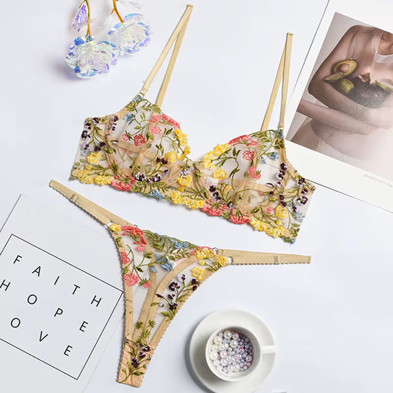 Sexy Lingerie Set Floral Transparent Lace Bra Panties Brassiere Women Underwear G-String Temptation Panty Lady Briefs