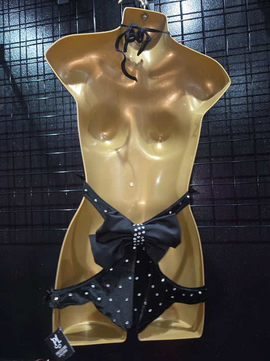 Black Suede gem stones and bows Halter OnePiece