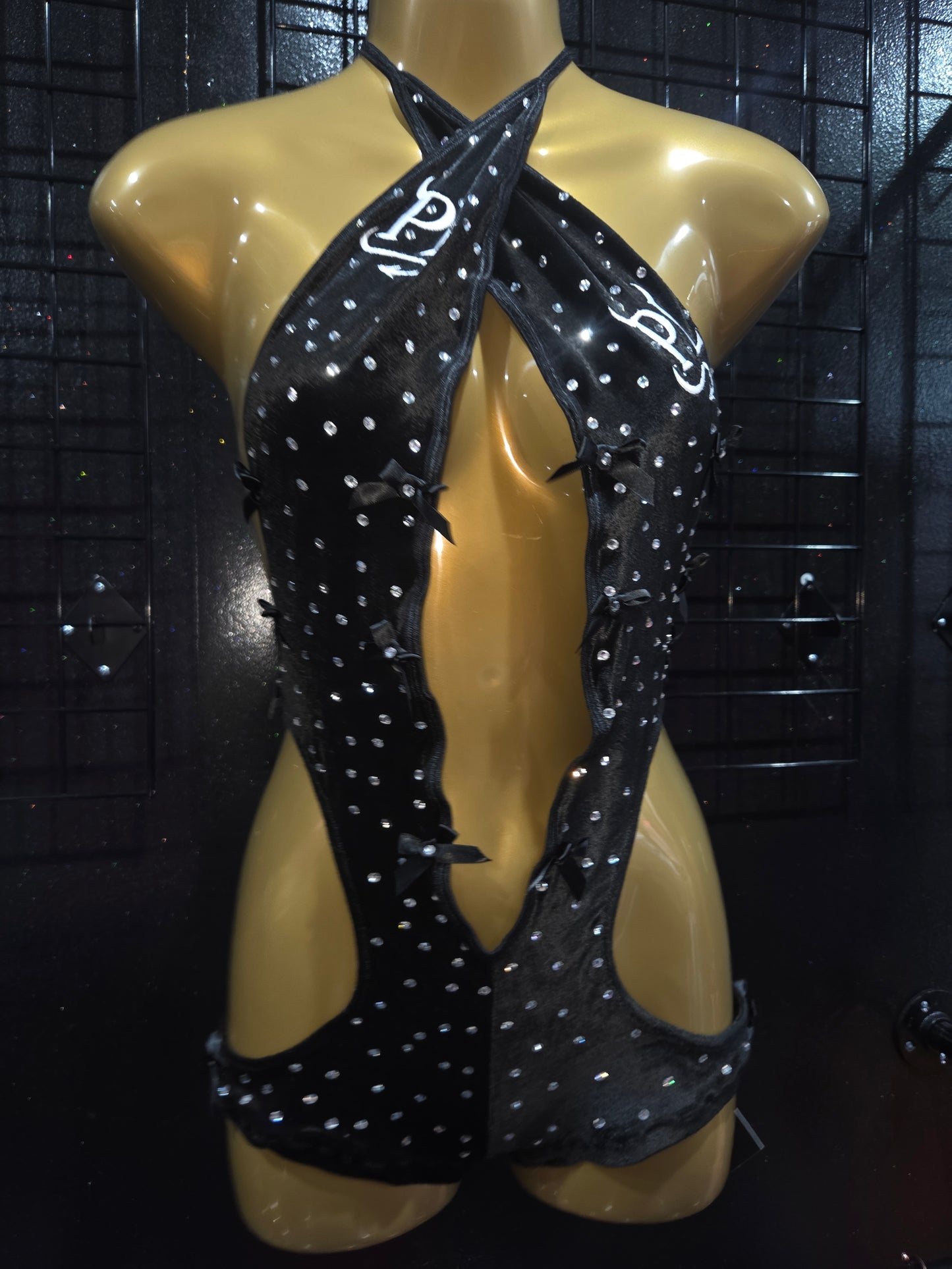 Black Suede gem stones and bows Halter OnePiece