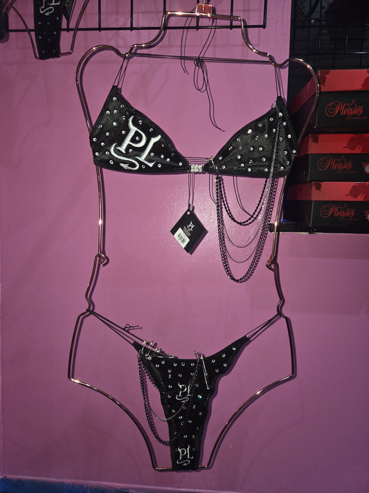 Suede 2piece bikini PL patch rhinestones chains and clothespins