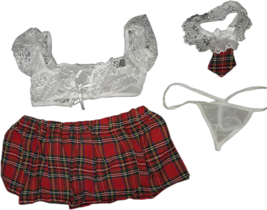 Detention Tease 4-Piece School Girl Set – Adjustable Lace Crop Top