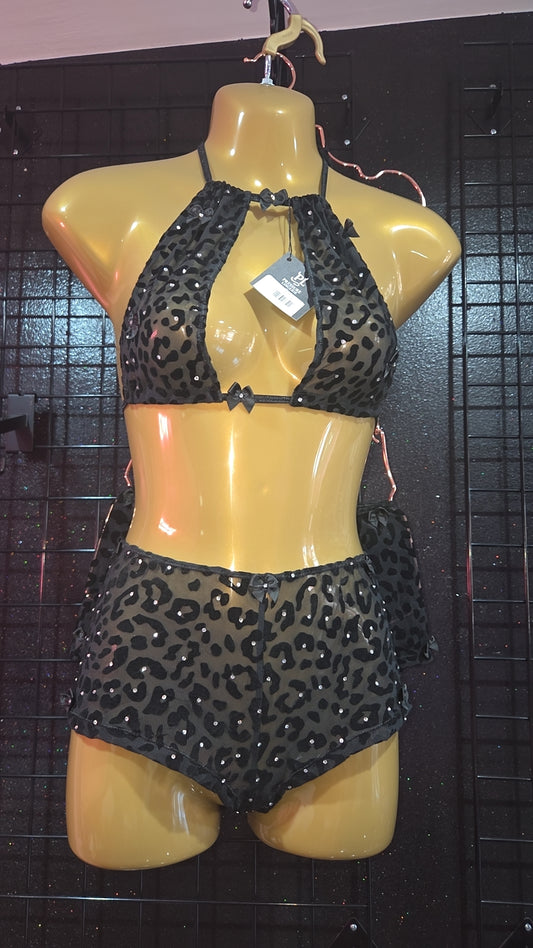 Halter-top and shorts Mesh Black Cheetah print 2 piece -PL