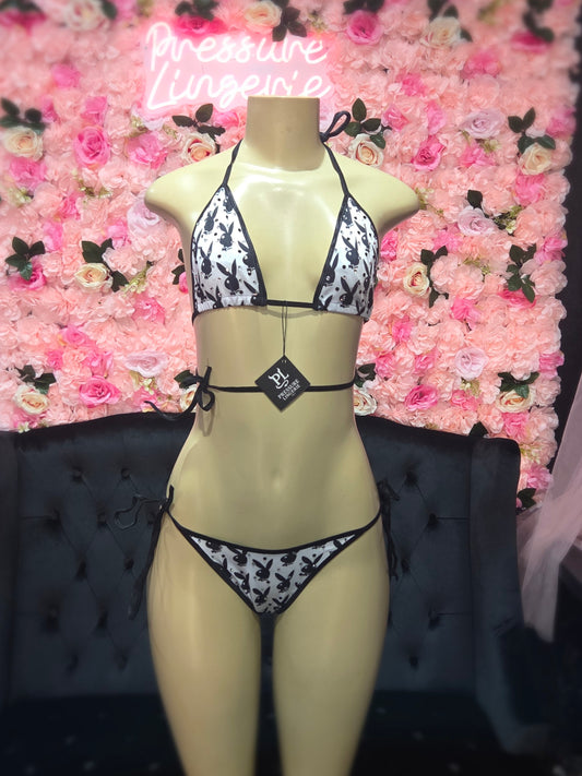 Black and White Play Boy Bunny 2 Piece Bikini Rhinestones